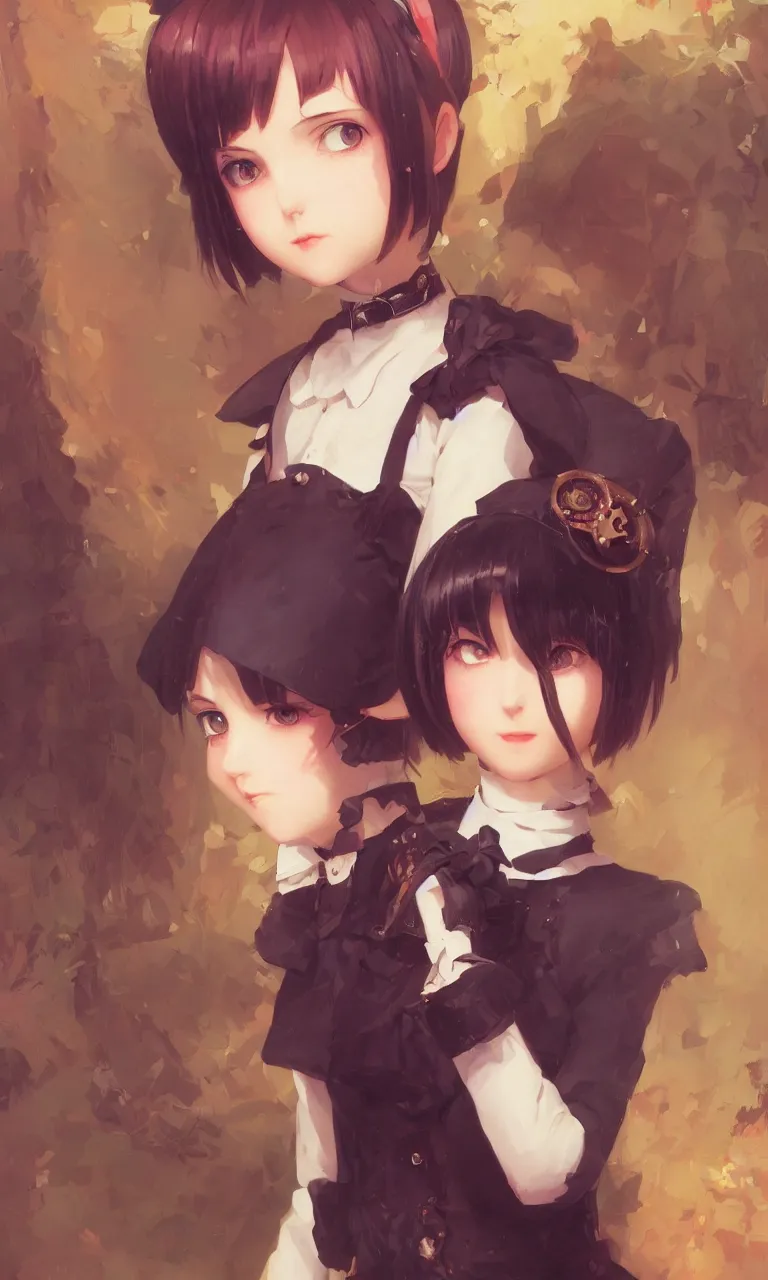 Image similar to a portrait of a cute young Victorian maid with black bob cut hair, steampunk setting, vivid colors, soft lighting, atmospheric, cinematic, moody, in the style of Ilya Kuvshinov and Range Murata, Krenz Cushart, oil on canvas, 8k