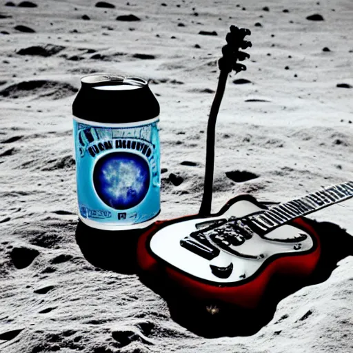 Prompt: photo of an idle electric guitar and a beer can sitting on the moon surface. atompunk