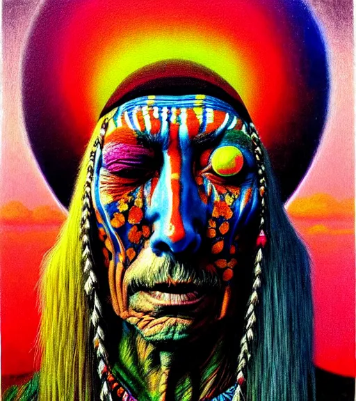 Image similar to Portrait painting in a style of Beksinski mixed with Alex Grey of an old shaman dressed in a colorful traditional clothes.