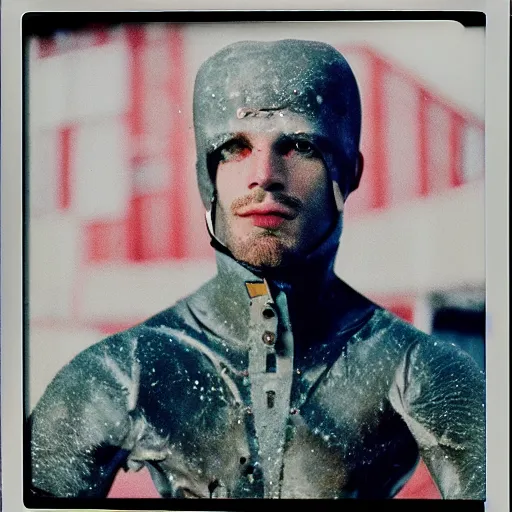 Prompt: an albanian cyborg in antarctica, 9 0 s polaroid, colored, by jamel shabbaz, robert mapplethorpe, davide sorrenti