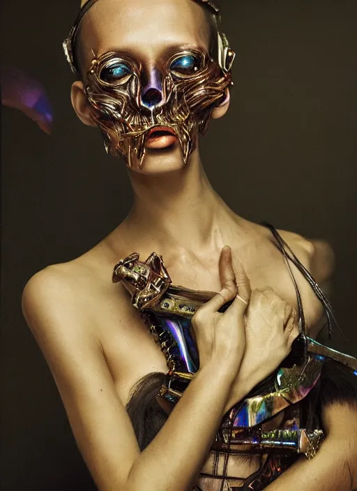 Image similar to a woman with iridescent skin, pirate weapons, by van herpen, iris