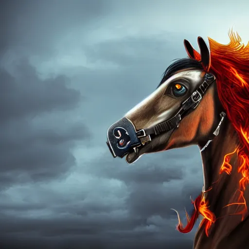 Prompt: cyborg horse with cowboy hat and fiery mane, post-apocalyptic background, portrait