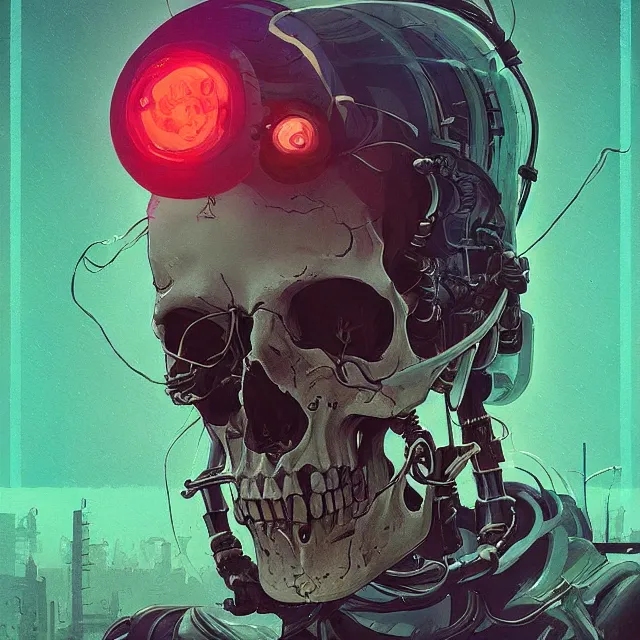 Prompt: a beautiful portrait painting of a ( ( cyberpunk ) ) skull by simon stalenhag! and pascal blanche and alphonse mucha!! and nekro!. in style of digital art. colorful comic, film noirs!, symmetry, hyper detailed. octane render. trending on artstation