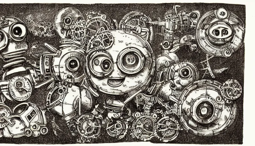 Image similar to cute steampunk robots with souls and large eyes smiling and waving, isolated on white background, drawn by leonardo da vinci with black ink and stippled pen, 3D occlusion