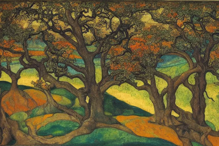 Prompt: masterpiece painting of oak trees on a hillside overlooking a creek, dramatic lighting, by phoebe anna traquair