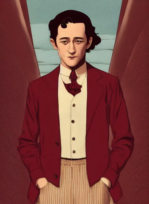Prompt: joseph gordon - levitt wearing a 1 9 2 0 s red striped outfit, from scene from twin peaks by michael whelan, tomer hanuka, rossetti bouguereau, artgerm, retro, nostalgic, old fashioned