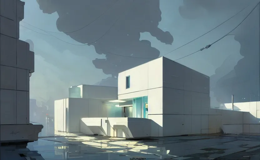 Image similar to painting of a wide angle exterior shot of a white modern architecture with cinematic lighting by richard rogers and renzo piano, darek zabrocki and greg ruthkowski, alphonse mucha, simon stalenhag and cinematic and blue cold atmospheric, archillect concept art, artstation, trending on artstation