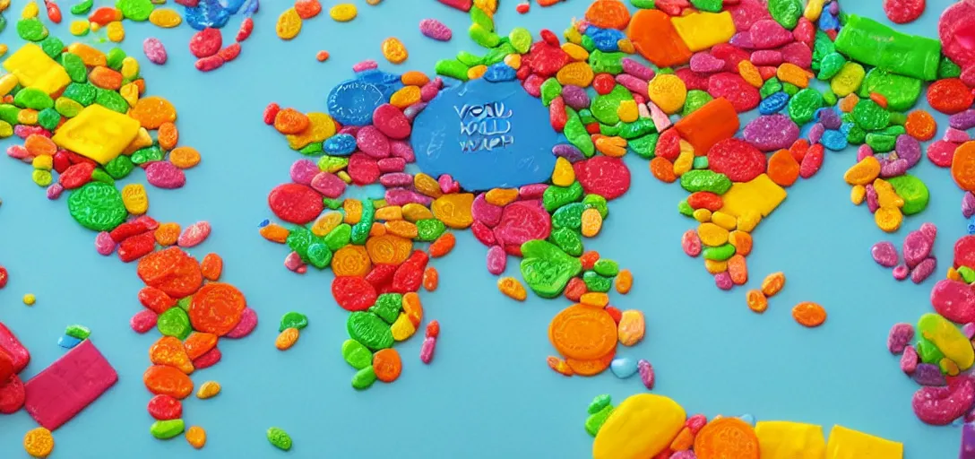 Image similar to world map made out of candy pieces