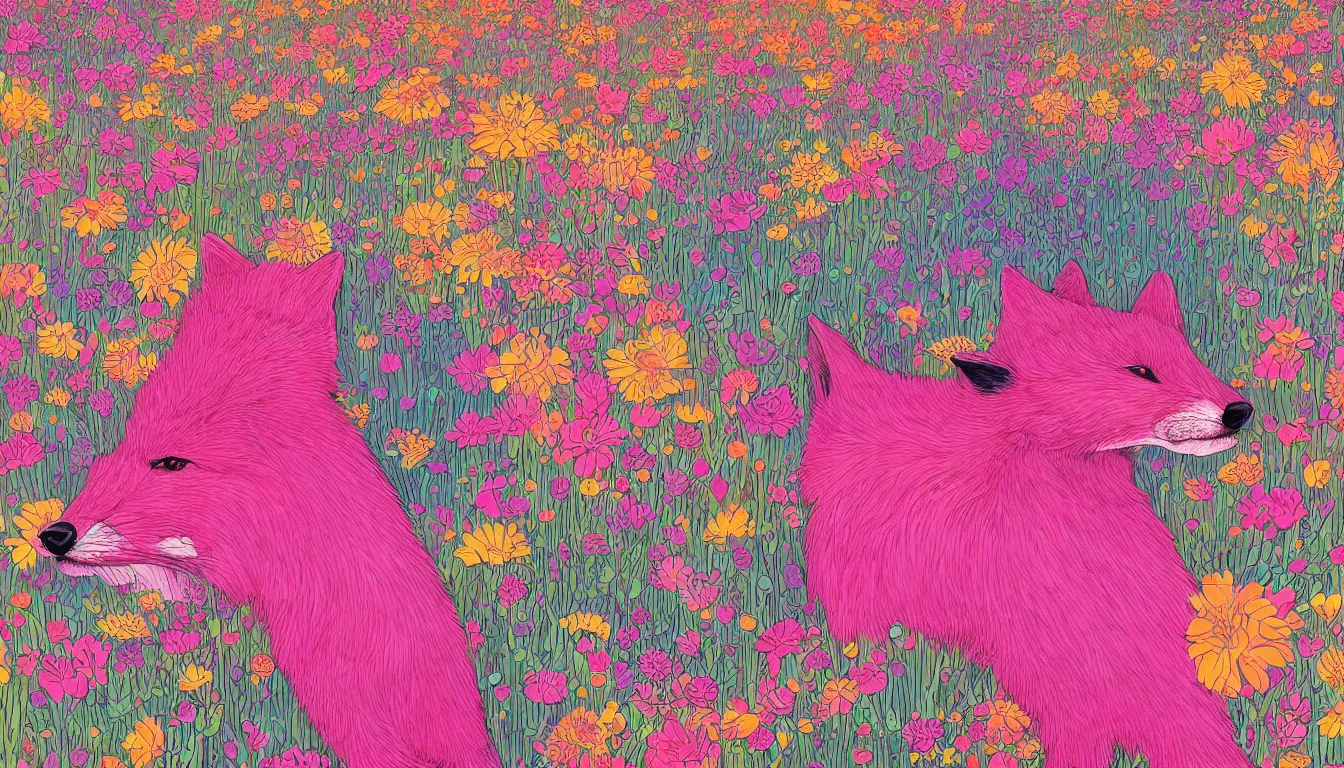 Image similar to pink fox head popping out of a field of multi colored flowers by kilian eng, victo ngai, josan gonzalez