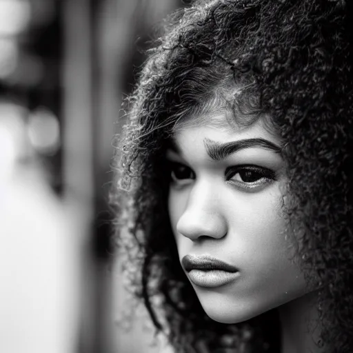 Image similar to black and white fashion photograph, highly detailed portrait of a depressed Zendaya as a drug dealer on a busy Paris street, detailed face looking into camera, eye contact, natural light, rain, mist, lomo, fashion photography, film grain, soft vignette, sigma 85mm f/1.4 1/10 sec shutter, Daren Aronofsky film still promotional image, IMAX 70mm footage