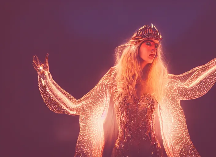 Image similar to closeup of a very good looking fantasy sorceress wearing amazing detailed clothes, shooting magical glowing flowing energy from her hands!!!! in the moonlit mountains, dramatic lighting, lens flare, 3 5 mm f 1. 2, professional photography, kodak ektar