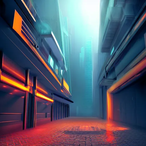 Prompt: futuristic urban city at dusk. figure is obscured by darkness with two bright, shining eyes peering out from the shadows of an alley. cgartist. leading lines. volumetric lighting. god rays.