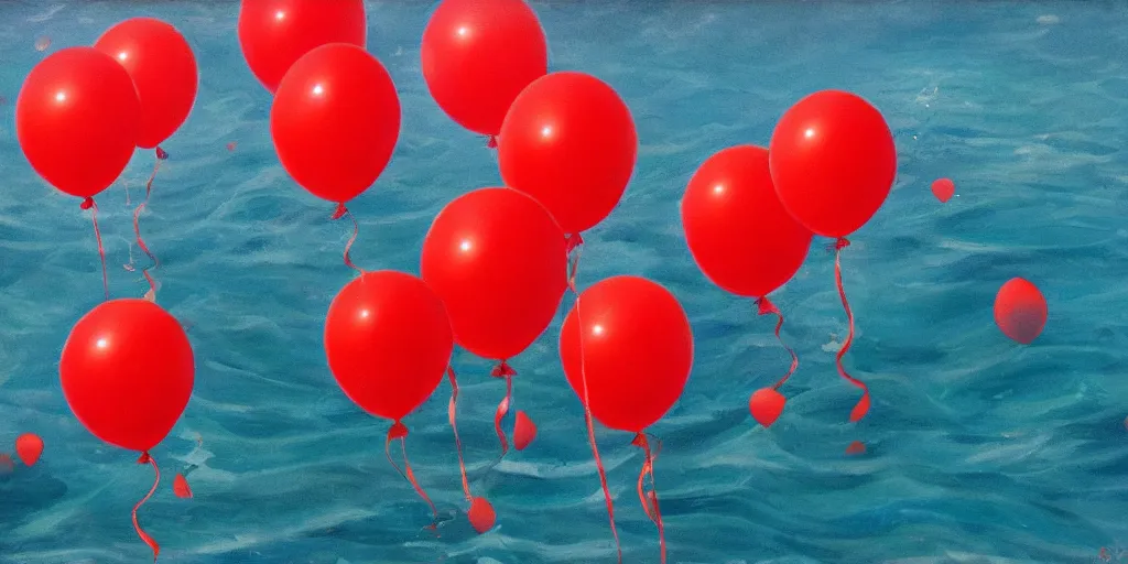 Image similar to many red balloons swimming in sea, highly detailed, realistic, dramatic,