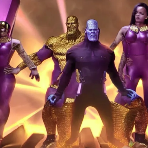 Image similar to thanos in a rap video with female backup dancers, he's wearing gold chains and hammer - pants