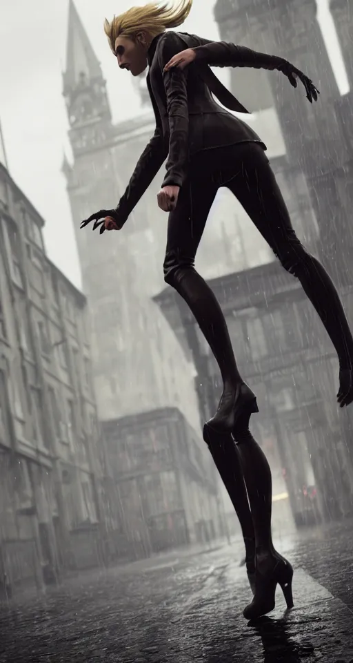 Image similar to beautiful model annie leonhart running on high heels with open toe in dunwall city, beautiful face, detailed face, cinematic lighting, rainy weather, melancholy atmosphere, volumetric light, octane render, dishonored 1, gothic architecture, realistic reflections, octane render 8 k, model agency