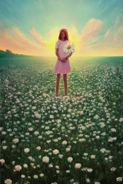 Prompt: giant white daisy flower head, girl standing in a flower field, surreal photography, sunrise, dramatic light, impressionist painting, colorful clouds, digital painting, artstation, simon stalenhag