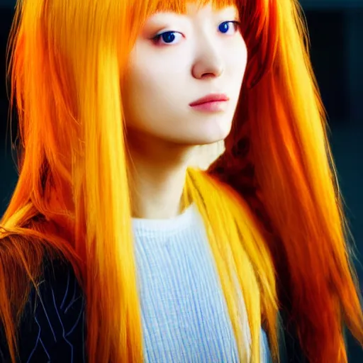 Image similar to Asuka Langley from Neon Genesis Evangelion, live action, beautiful portrait, golden hour