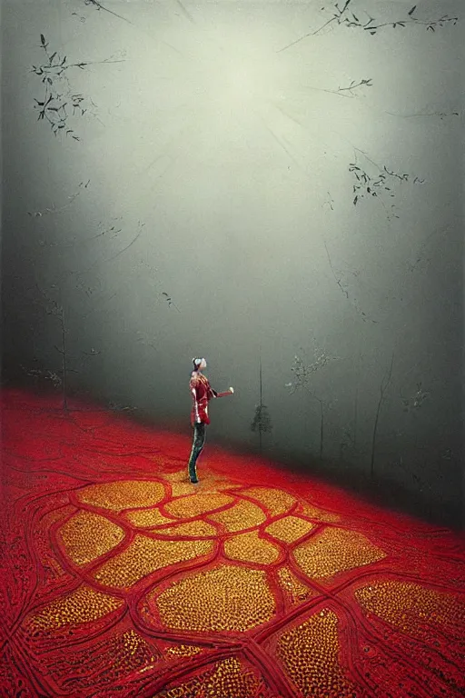 Image similar to immaculate painting of A Beautiful fine detailed gold and red and black Forest Illusion by erik johansson micro detailing