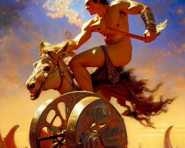 Image similar to attractive apollo greek god, riding his fire chariot. highly detailed painting by gaston bussiere, craig mullins, j. c. leyendecker 8 k