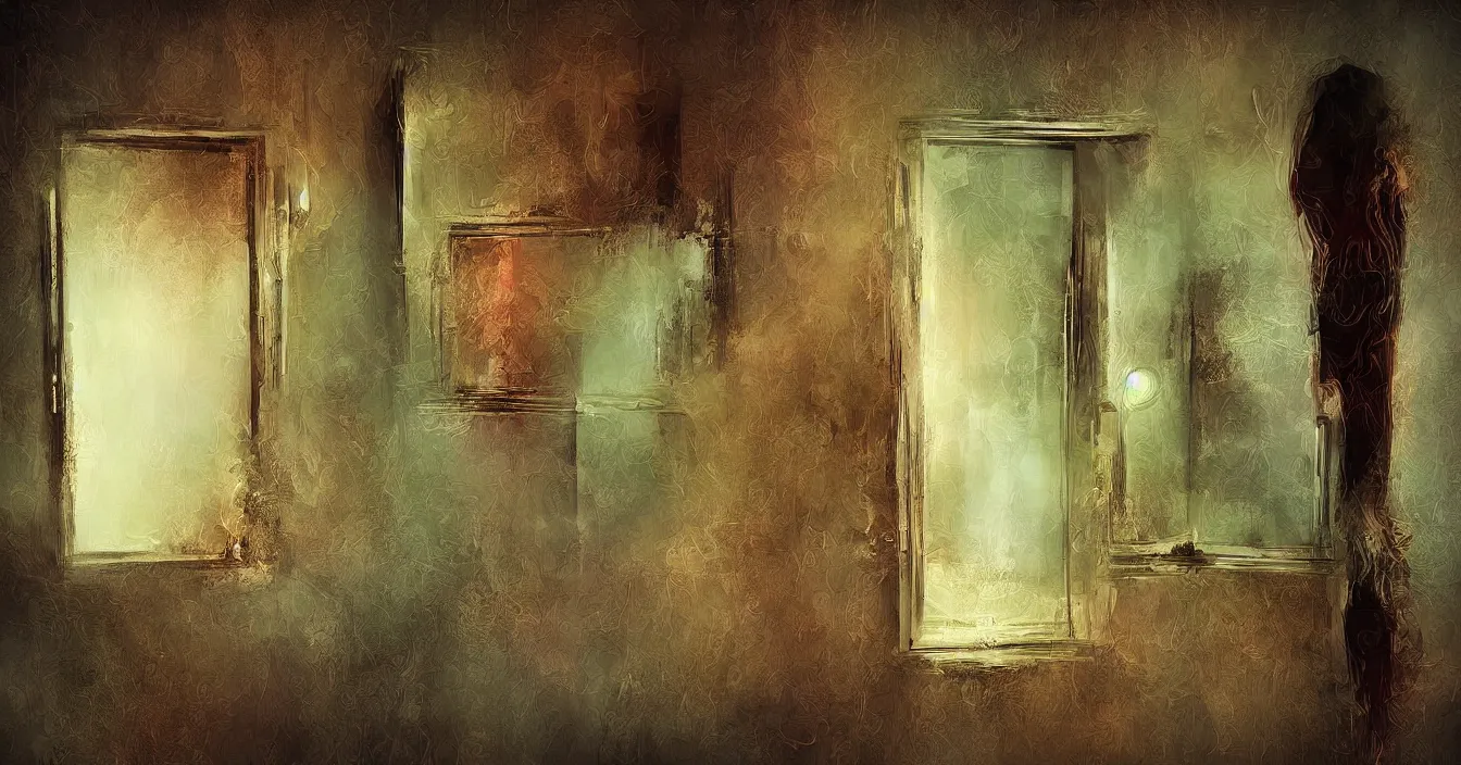 Prompt: view from behind mirror, very deep stillness atmosphere, dimension of still moment, spiritual style, digital art