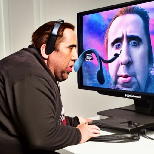 Image similar to obese nicolas cage wearing a headset yelling at his monitor while playing WoW highly detailed wide angle lens 10:9 aspect ration award winning photography