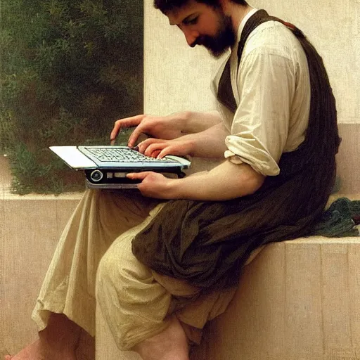 Image similar to an oil painting of an man playing a laptop, by Bouguereau, highly detailed and intricate,