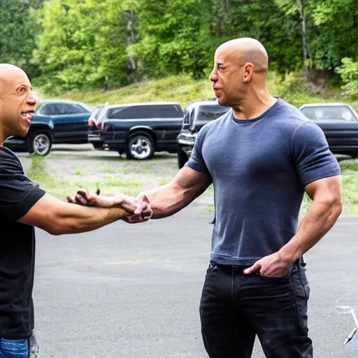 Prompt: a high quality photograph of vin diesel meeting Mark Sinclair