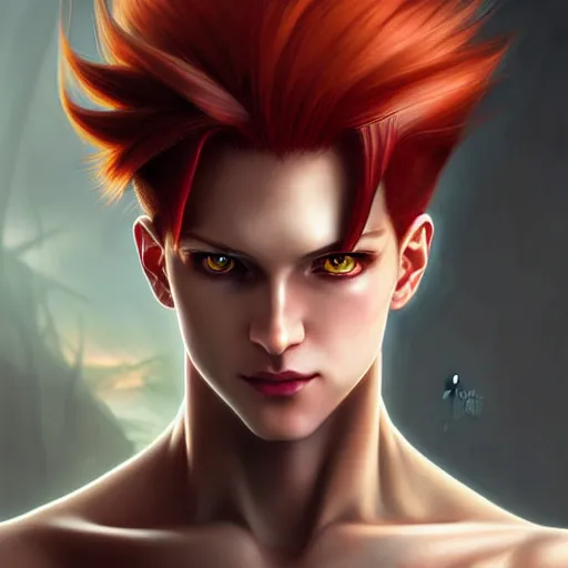 Prompt: portrait of hisoka morow hunter hunter, male, extremely sharp jaw yellow eyes narrow almond eyes sultry eyes red hair soft bunched hair swept back crimson medium length hair, anime, fantasy, intricate, elegant, highly detailed, digital painting, artstation sharp focus, madonna art by artgerm and greg rutkowski and alphonse mucha
