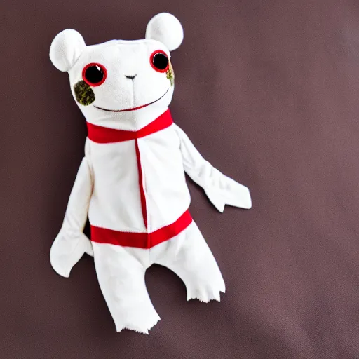 Image similar to stuffed animal frog wearing a sailor suit, plushie photography,