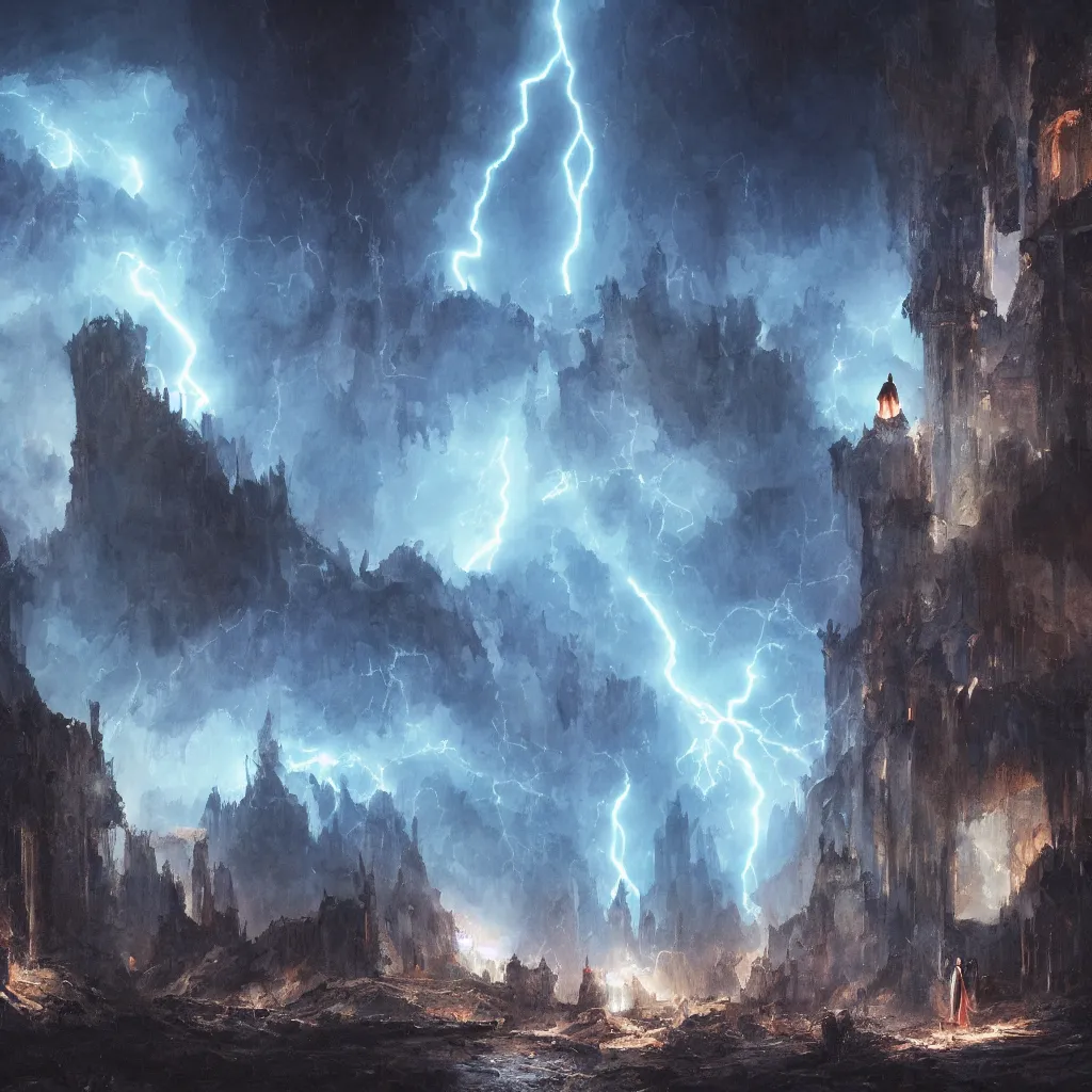 Image similar to a still of a cloaked figure standing in the ruins of crux prime, monastery, there is lightning, blue fiery maelstrom in the distance, it is raining, digital art, artstationhq