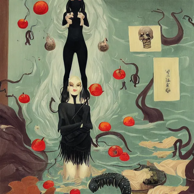 Image similar to tall female catgirl artist holding a skull in her flooded apartment, pomegranates, octopus, water gushing from ceiling, painting of flood waters inside an artist's apartment, a river flooding indoors, candles, ikebana, zen, rapids, waterfall, black swans, canoe, berries, acrylic on canvas, surrealist, by magritte and monet