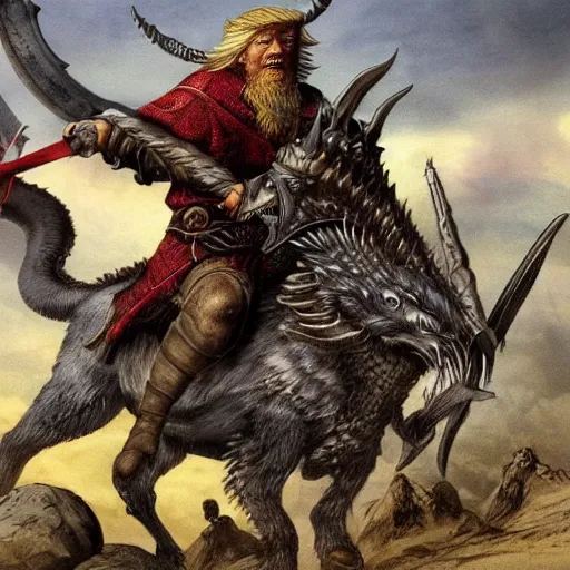 Image similar to viking riding dragons flies holding donald trump's severed head