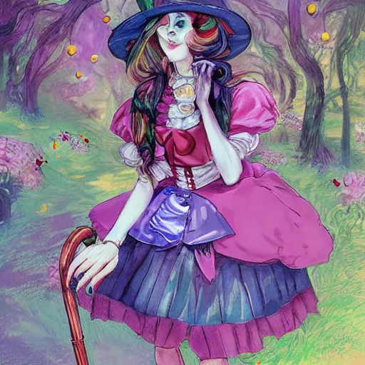 Prompt: Alice in Wonderland having a tea party with the Mad Hatter, in the style of Magic Realism, inspired by shoujo manga, harajuku street fashion, John Singer Sargent, Möbius, Neil Gaiman, yayoi kusama, Grimes, pastel goth, dramatic composition, ethereal, gradients and chromatic aberration effects, very thin expressive lineart, pastel and muted tones, Victorian, dreamlike, otherworldly, photorealistic 4k, hyper detailed