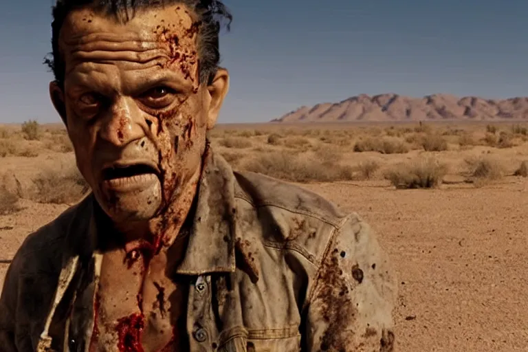 Image similar to zombie Tuco Salamanca in the desert, upper body shot, movie still, photorealistic, clean composition, real shot