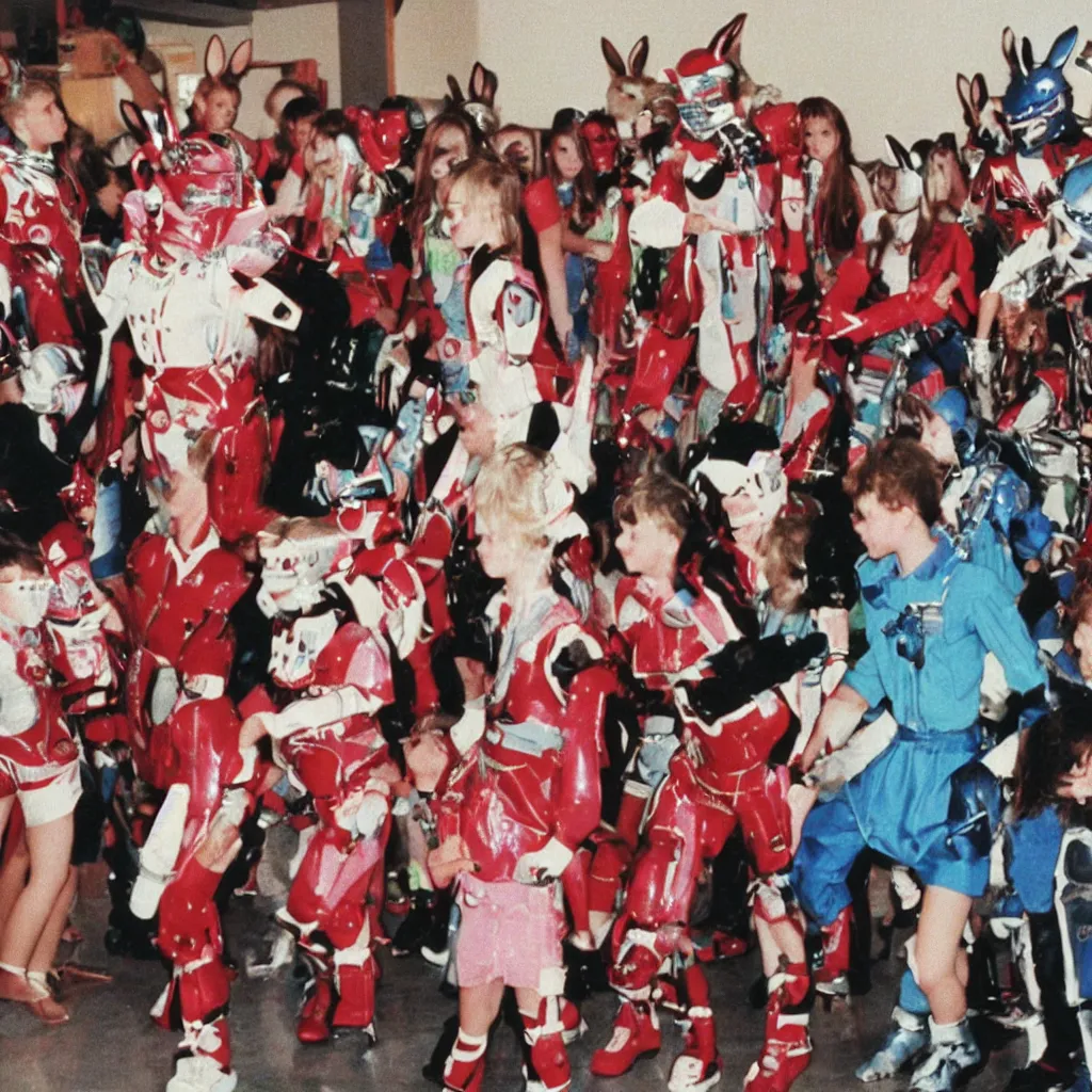 Prompt: 1990s candid photo of a middle school home coming dance with robot warrior rabbits , cinematic, UHD