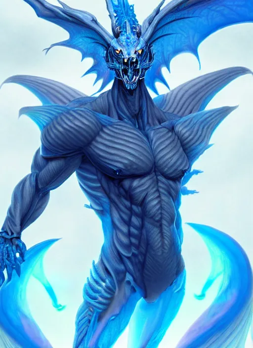 Image similar to muscular and tall blue ghostly fire humanoid dragon!!!! draconian!! intricate ornate iridescent exoesqueleton!! character concept art, sharp focus, octane render! unreal engine 5! highly rendered!! trending on artstation!! detailed linework!! illustration by artgerm, wlop, and chie yoshii