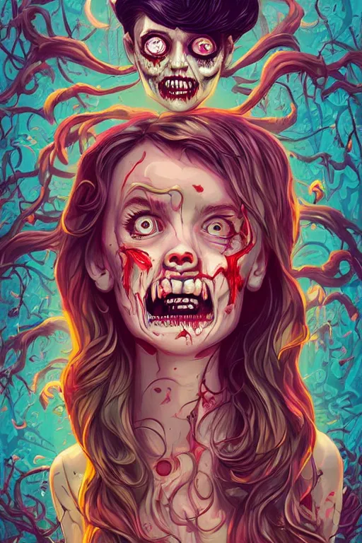 Image similar to a smiling cute zombie woman undead skin and wavy hair, tristan eaton, victo ngai, artgerm, rhads, ross draws