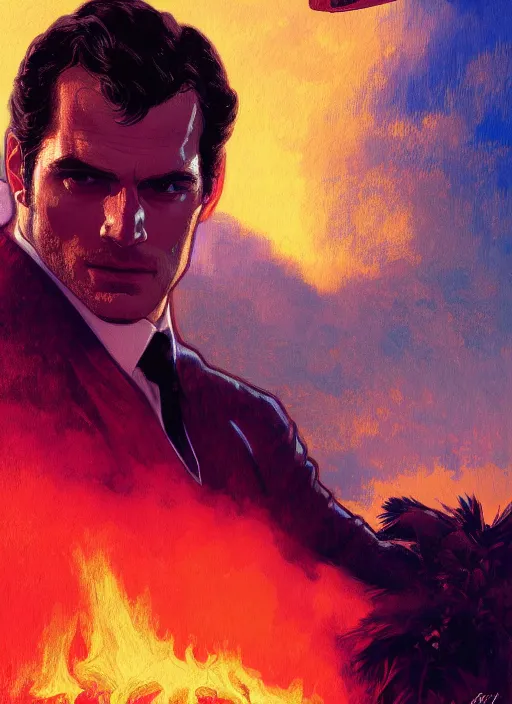 Prompt: portrait of henry cavill as james bond, fire, cold color pallet, key art, palm trees, aston martin, highly detailed, digital painting, artstation, concept art, cinematic lighting, sharp focus, illustration, by gaston bussiere alphonse mucha