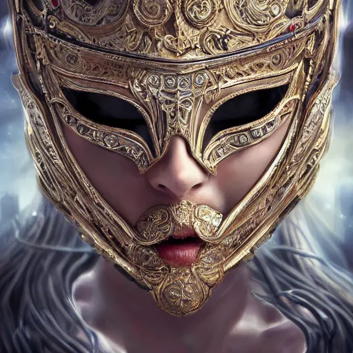 Prompt: Very very very very highly detailed epic photo of face with venetian mask, intricate, dystopian, sci-fi, extremely detailed, digital painting, artstation, concept art, smooth, sharp focus, illustration, intimidating lighting, incredible art by Artgerm and Tokujin Yoshioka and Anton Pieck