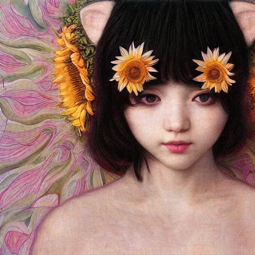 Image similar to white cat girl, botanical, sunflower, portrait face, colorful, frantisek kupka, intricate, miles johnston, kuroda seiki, cynical realism, ozabu, john william godward, painterly, yoshitaka amano, moebius, miles johnston, louise zhang, james jean, mark ryden lowbrow pop surrealism art style