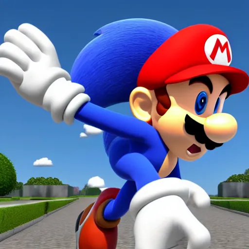 Image similar to a 3 d render of mario wearing a sonic suit