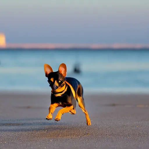 Image similar to high quality action photograph of a black and tan chihuahua running along a beach at sunset, boats in the background, golden hour, beautiful light, seaside, seashore, 2 0 0 mm, f 4, canon, nikon, flickr, 5 0 0 px, behance, award winning photograph