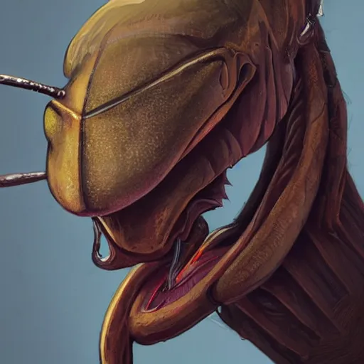 Image similar to portrait of brown anthropomorphic mantis religiosa ; hard predatory look ; d & d rogue ; flat triangle - shaped head with thin thread - like antennae ; concept art ; artstation ; 8 k ; wallpapers ; heavy contrast ; cinematic art ; cgsociety ; art by greg rutkowski and artgerm