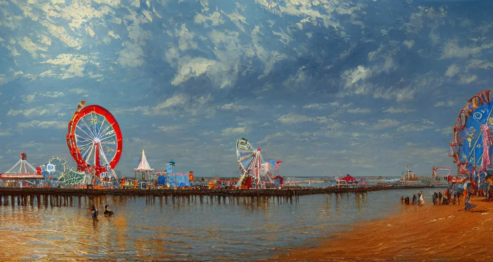 Prompt: beautiful oil painted landscape of Coney Island and wonder wheel, ocean with flowy clouds dreamy painted by Halil Ural and John Atkinson Grimshaw trending on artstation