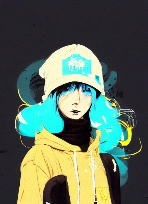 Prompt: highly detailed portrait of a city punk lady student, blue eyes, hoodie, hat, white hair by atey ghailan, by greg rutkowski, by greg tocchini, by james gilleard, by joe fenton, by kaethe butcher, gradient yellow, black, brown and cyan blue color scheme, grunge aesthetic!!! ( ( graffiti tag wall background ) )