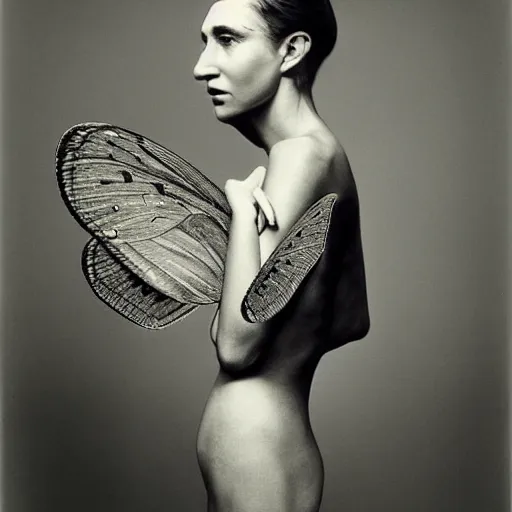 Prompt: a person with moth wings and a proboscis, large format film fashion photograph by richard avedon