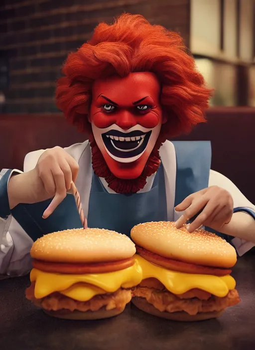 Prompt: a highly detailed cinematic color photograph of ronald mcdonald eating at borger king, ultra realistic, depth, beautiful lighting, photorealistic, hyperrealistic, octane, epic composition, hasselblad camera, 5 0 mm, sharp focus, perfect facial symmetry