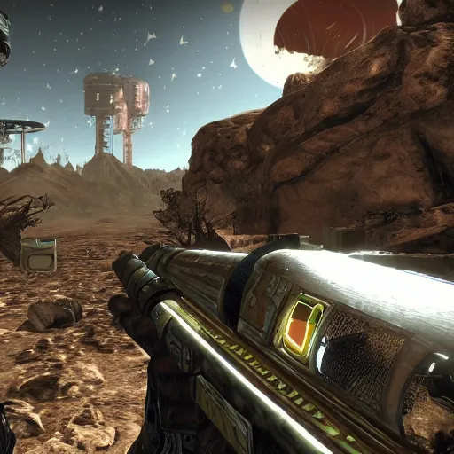 Prompt: Fallout New Vegas in outer space, in-game screenshot