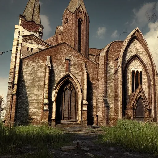 Image similar to abandoned european church, realistic, highly detailed, hd, unreal engine, guillermo del toro