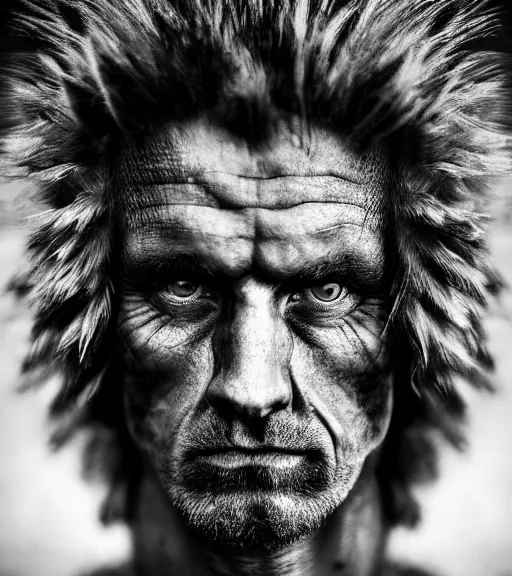 Prompt: Award winning full-body Editorial photograph of an Early-medieval man beast incredible hair and fierce hyper-detailed eyes by Lee Jeffries and David Bailey, 85mm ND 4, perfect lighting, dramatic highlights, wearing traditional garb, gelatin silver process